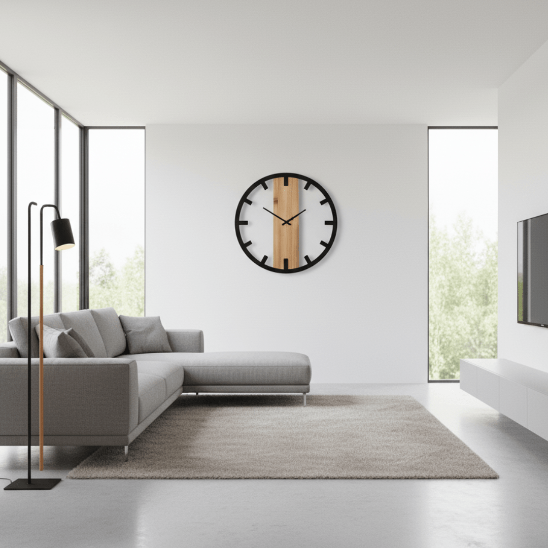 Zidni sat 50 cm– metalni crni okvir & drvena ploča, moderan minimal dizajn