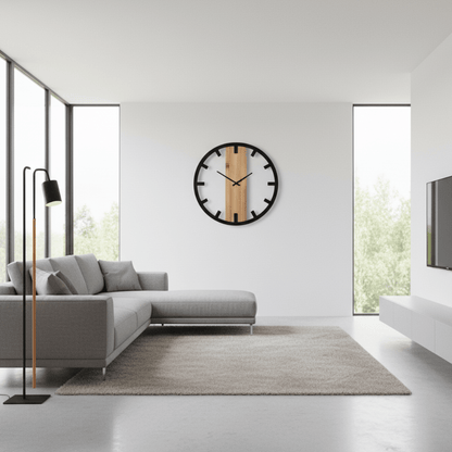 Zidni sat 50 cm– metalni crni okvir & drvena ploča, moderan minimal dizajn