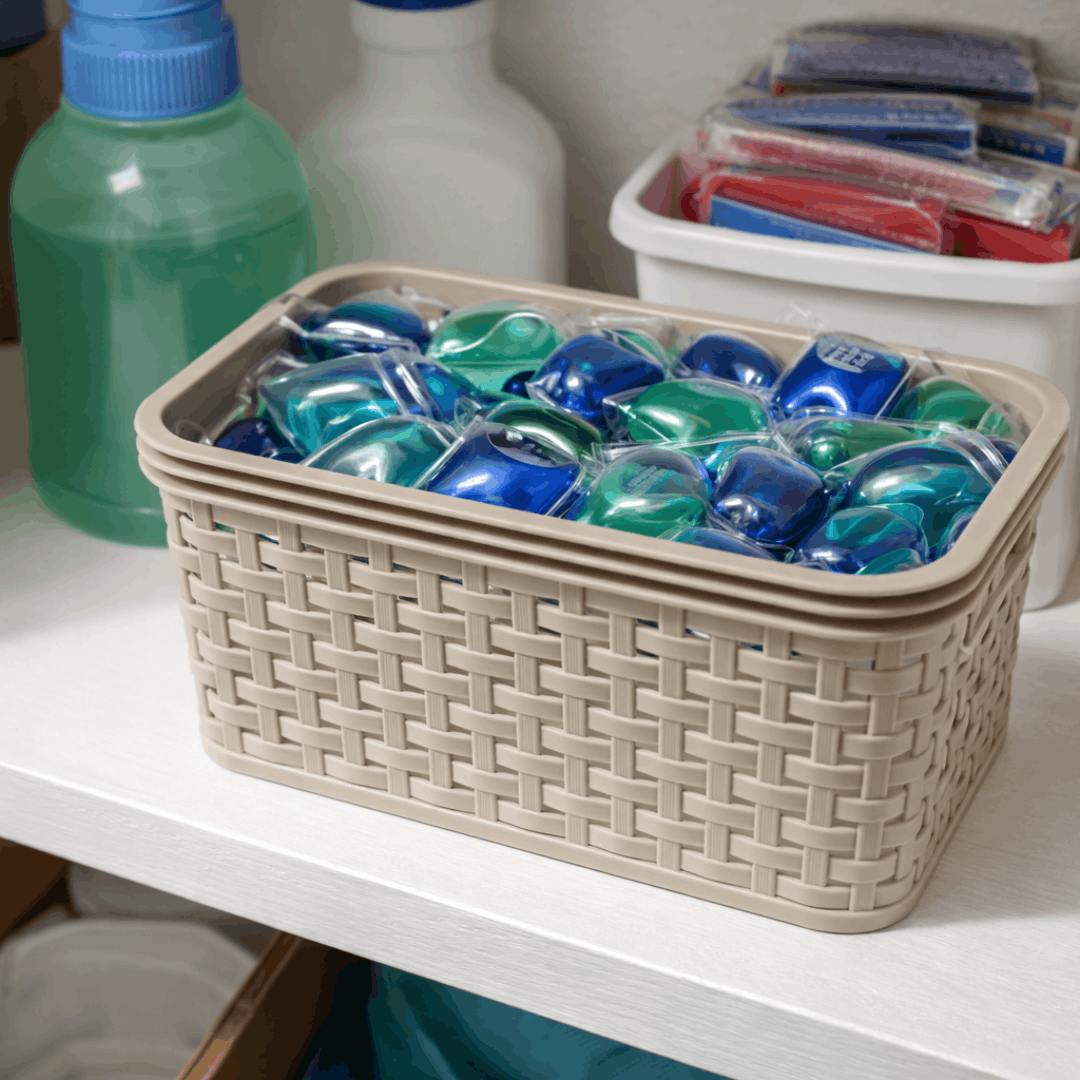 Plastična korpica za organizaciju 20 × 14 cm – bež, pleteni izgled