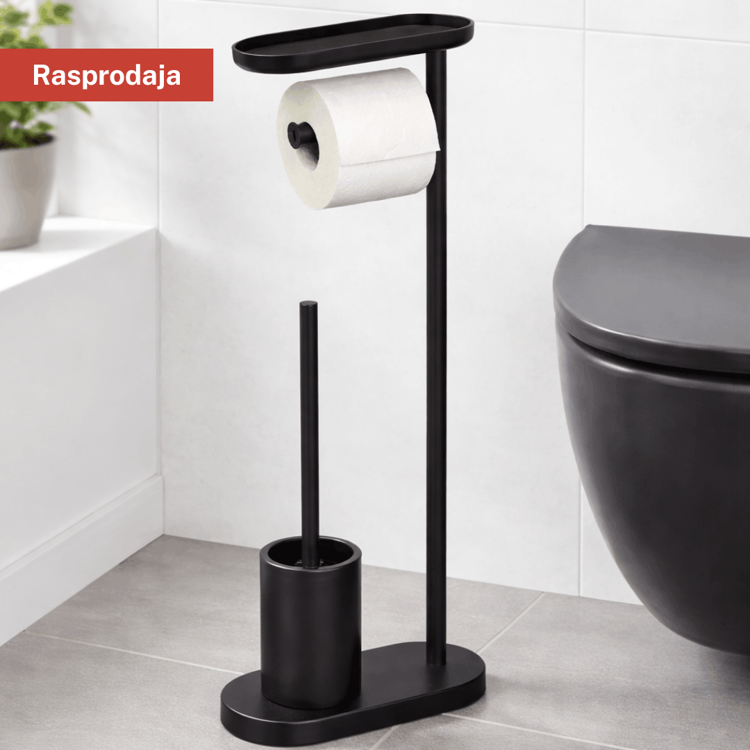 Stalak za toalet papir s držačem četke – metalni, crni (2u1)